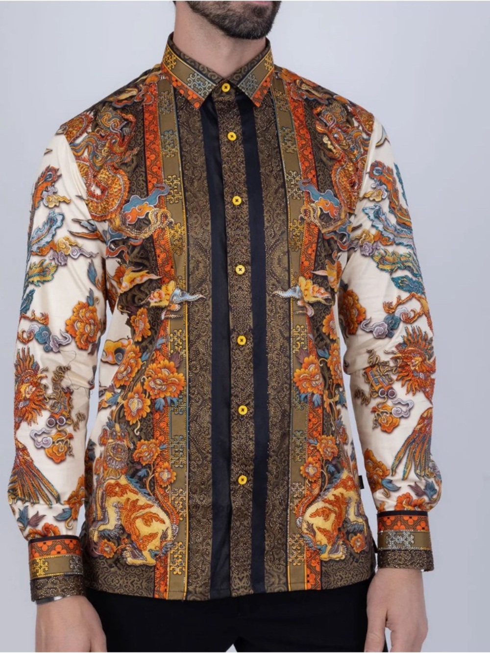 Barabas Rhinestone Baroque Dragon Print Button-Up Shirt - Orange, Gold, Black